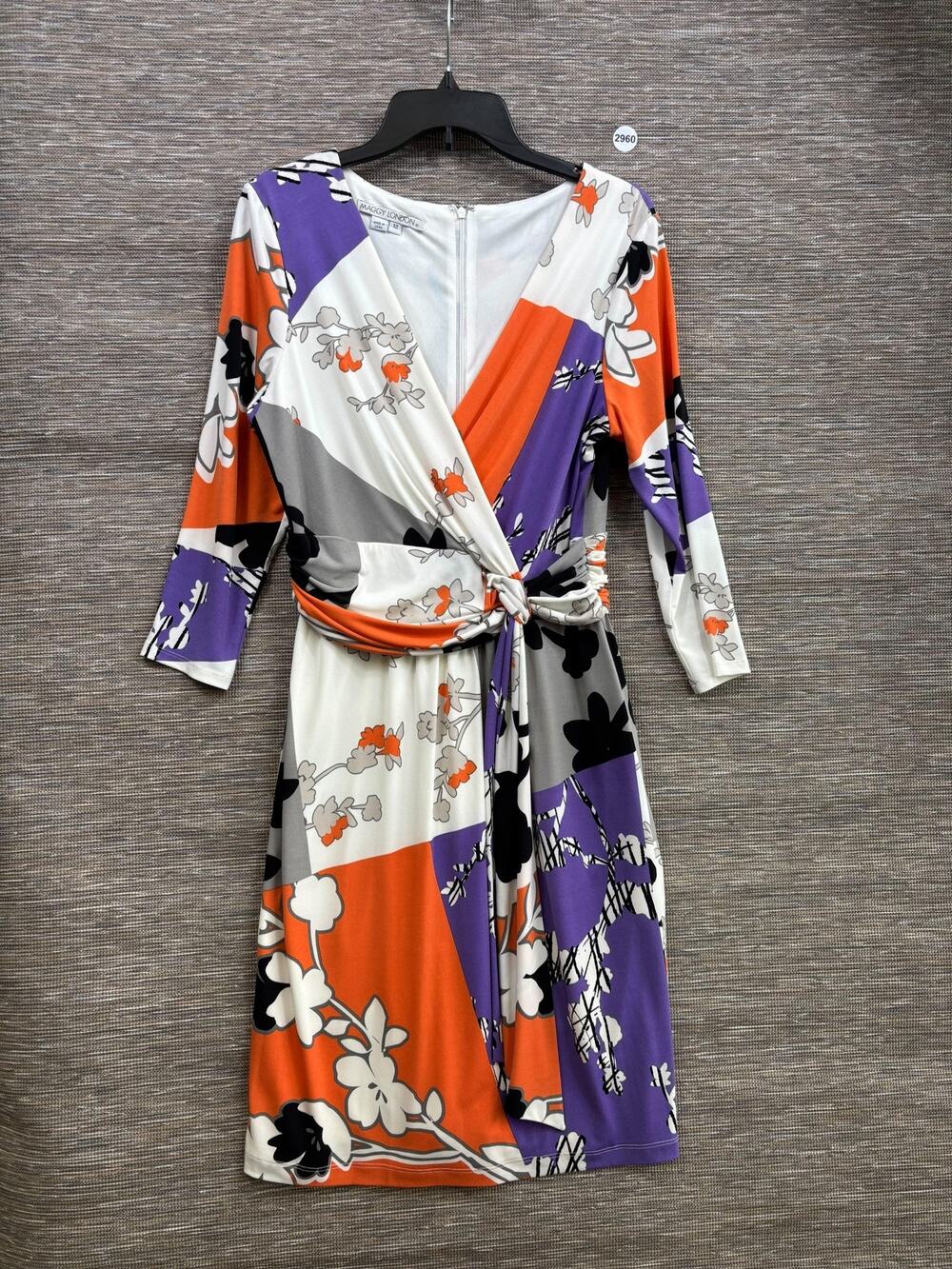 Maggy London Dress Womens Sz 12 Multicolor Floral Wrap V Neck 3/4 Sleeve Belted